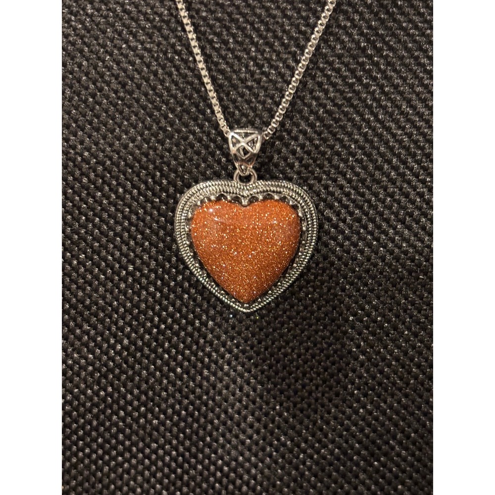 Goldstone Heart Pendant Necklace Stainless Steel Box Chain Silver Tone Orange